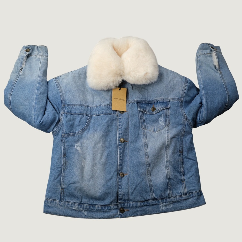 Sherpa Fleece Lined Denim Jacket Faux Fur Collar M Blue Distressed Streetwear